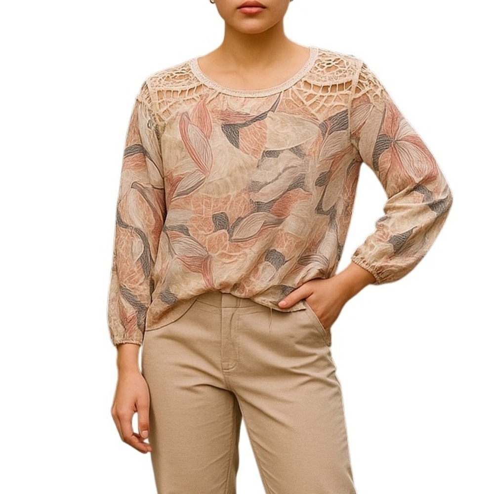 MOLLY BRACKEN Crochet Shoulder Lightweight Long Sleeve Blouse